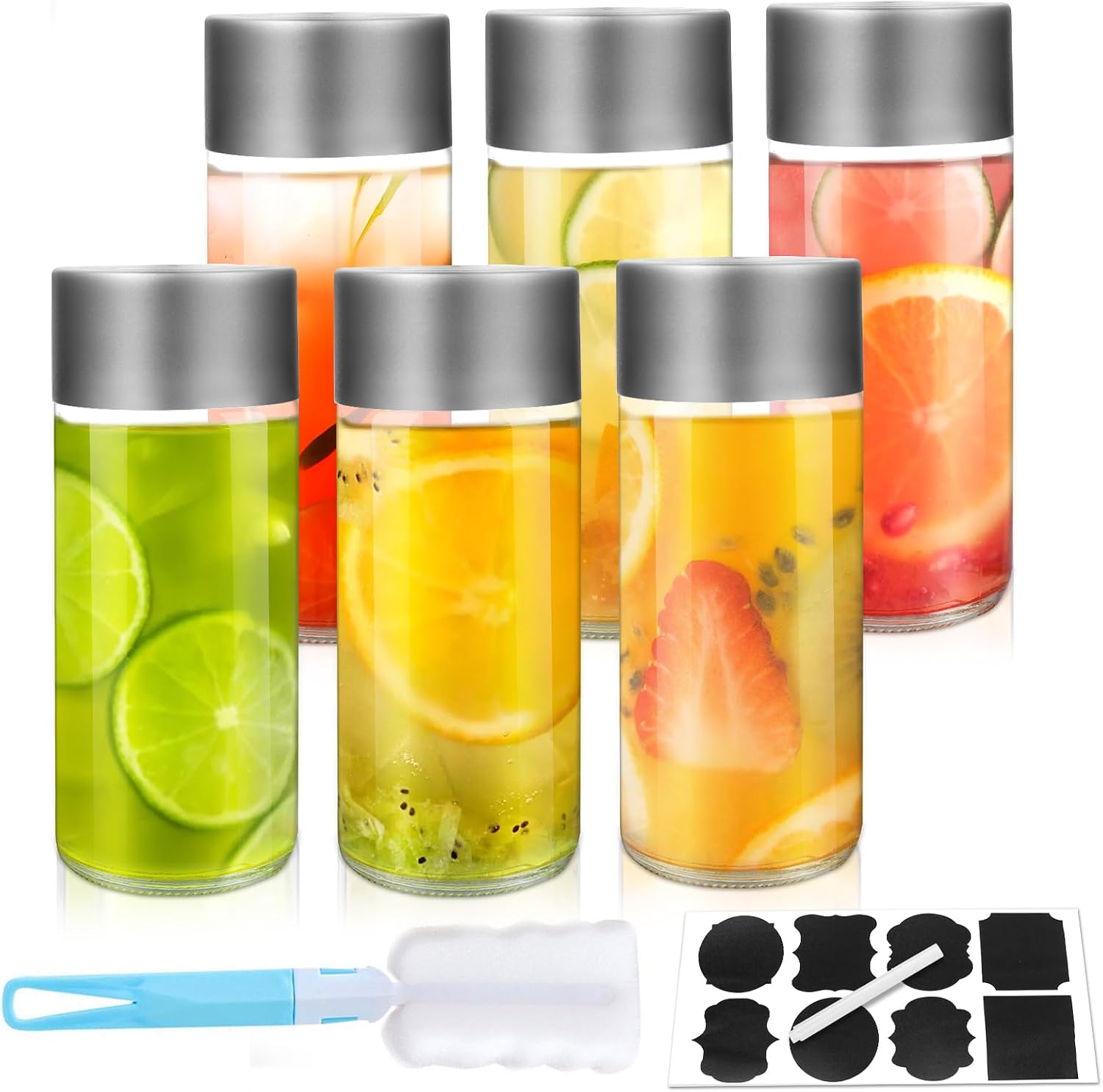 SKYLINK 6Pack 8oz Glass Juice Bottles with Silver Lids – 250ml Reusable...