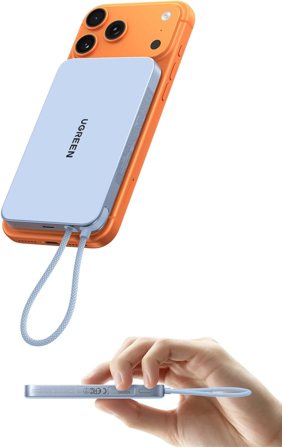 UGREEN 10000mAh Slim Power Bank Magsafe Qi2 15W Built-in USB-C Cable, Blue
