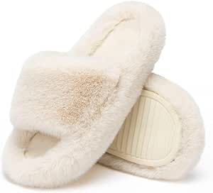 Fuzzy Slippers For Women Memory Foam House Slippers Platform Fluffy Slippers Fuzzy Plush Anti-Skid Furry Open Toe Bedroom Shoes Faux Fur Slides For Wo