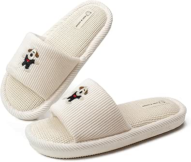 Spring Summer House Slippers for Women & Men, Corduroy Fabric Non-Slip Open Toe Indoor Outdoor Slides, Comfortable Linen Cotton Flax (Size 38-39)