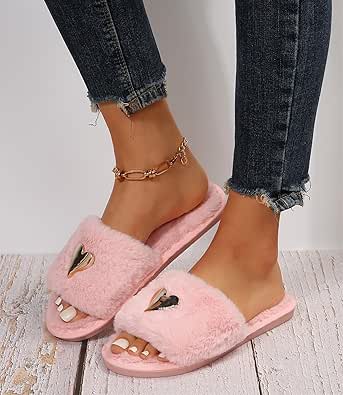 Womens Fuzzy Open Toe Slippers Soft Comfy Memory Foam Slip On Indoor House Bedroom Slides Slippers